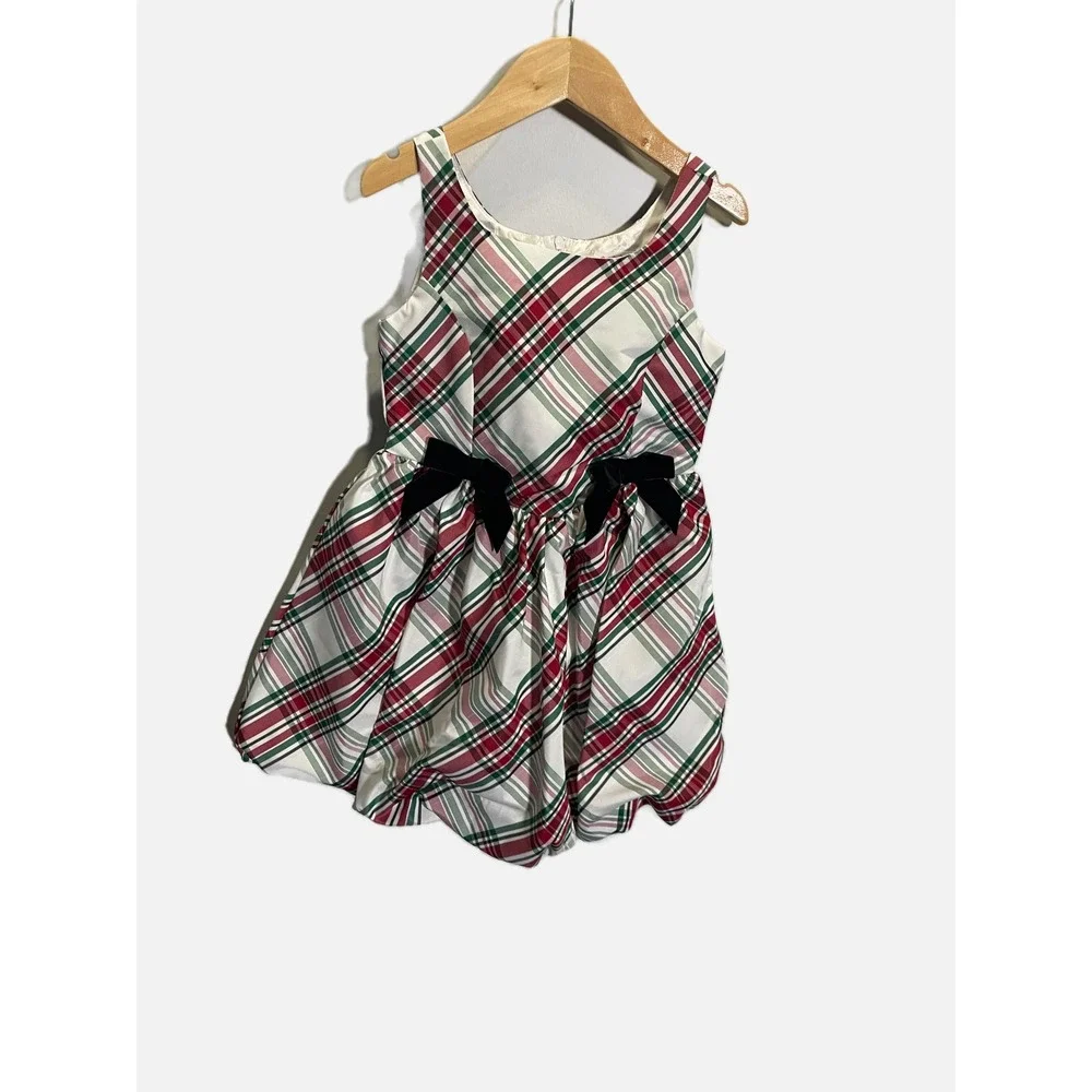 Cat & Jack Plaid Dress Girls XS 4/5 Red Green White Velvet Bow Holiday Christmas